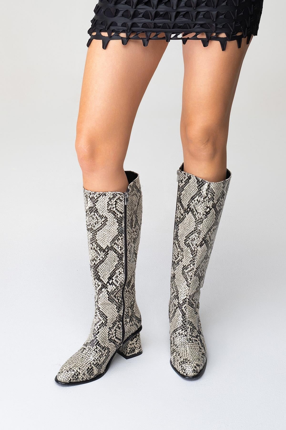 Elly Black White Pattern Block Heel Boot (Women)