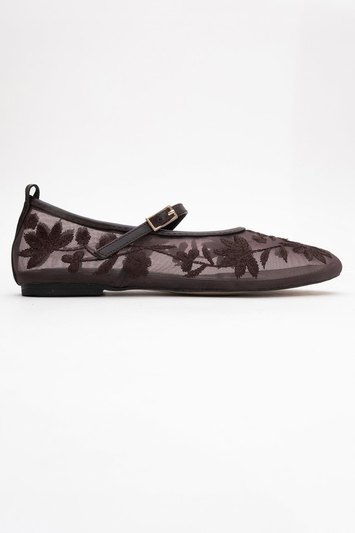 Juny Brown Mesh Floral Embroidery Ballet Flat (Women)