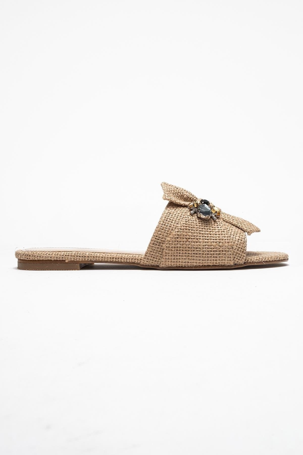 Sandalia plana Daphne de rafia beige con lazo (Mujer)