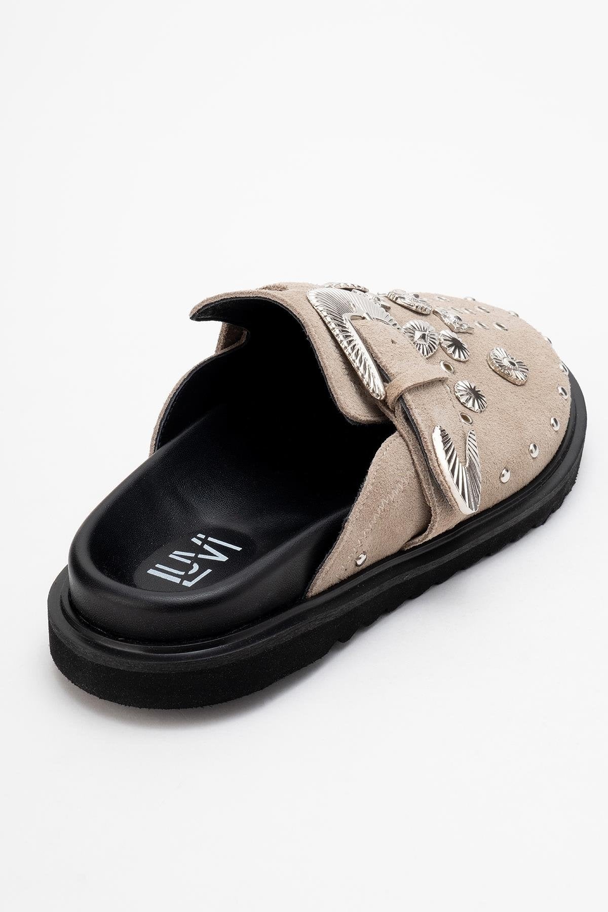 Maril Beige Suede Leather Buckle Slide (Women)