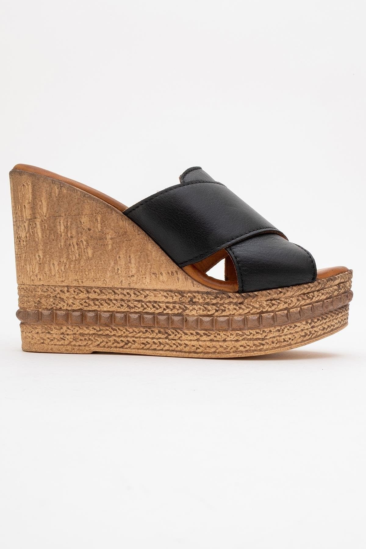 Lois - Black Wedge Leather Sandal (Women)