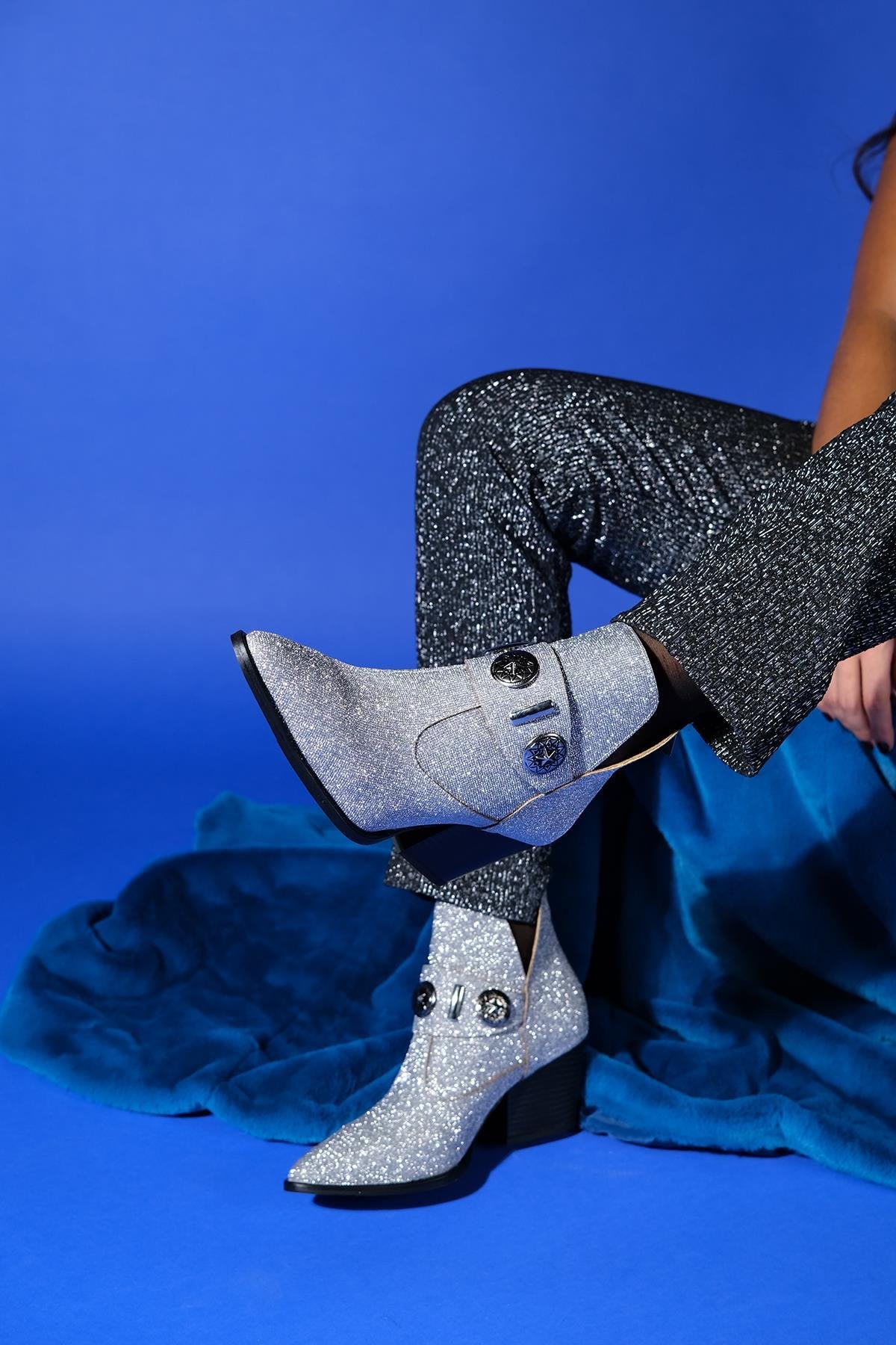 Kenda Silver Glitter Buckle Block Heel Boot (Women)