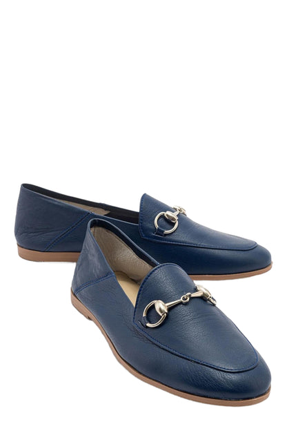 Penny - Navy Blue Leather Horsebit Loafers