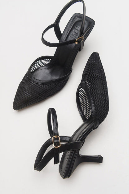 Chic - Zapatilla de tacón de malla negra con punta (Mujer)