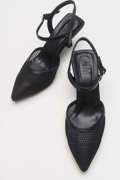 Chic - Zapatilla de tacón de malla negra con punta (Mujer)