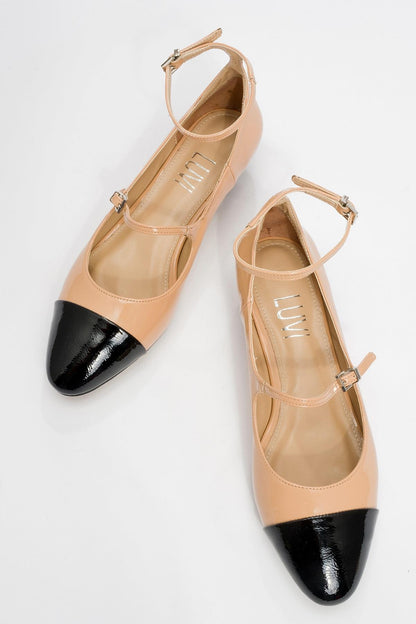 Uster - Zapatos Mary Jane de tacón bajo en charol beige oscuro y negro (mujer)