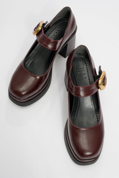 Ceniza - Zapato de tacón de plataforma con hebilla dorada burdeos (Mujer)
