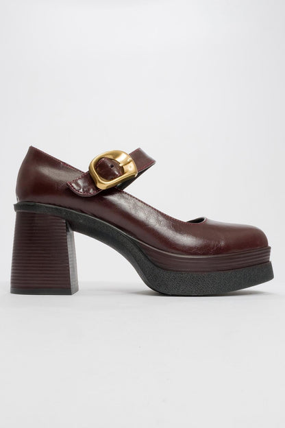Ceniza - Zapato de tacón de plataforma con hebilla dorada burdeos (Mujer)