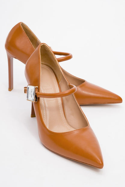 Pattaya - Zapato de tacón de aguja adornado con piedras, color coñac (Mujer)