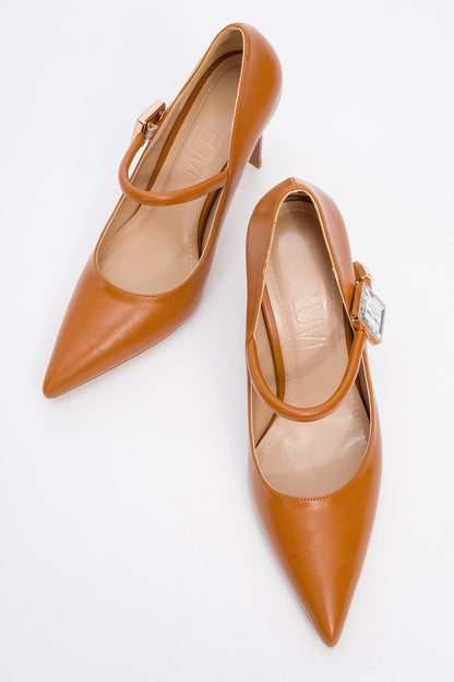 Pattaya - Zapato de tacón de aguja adornado con piedras, color coñac (Mujer)