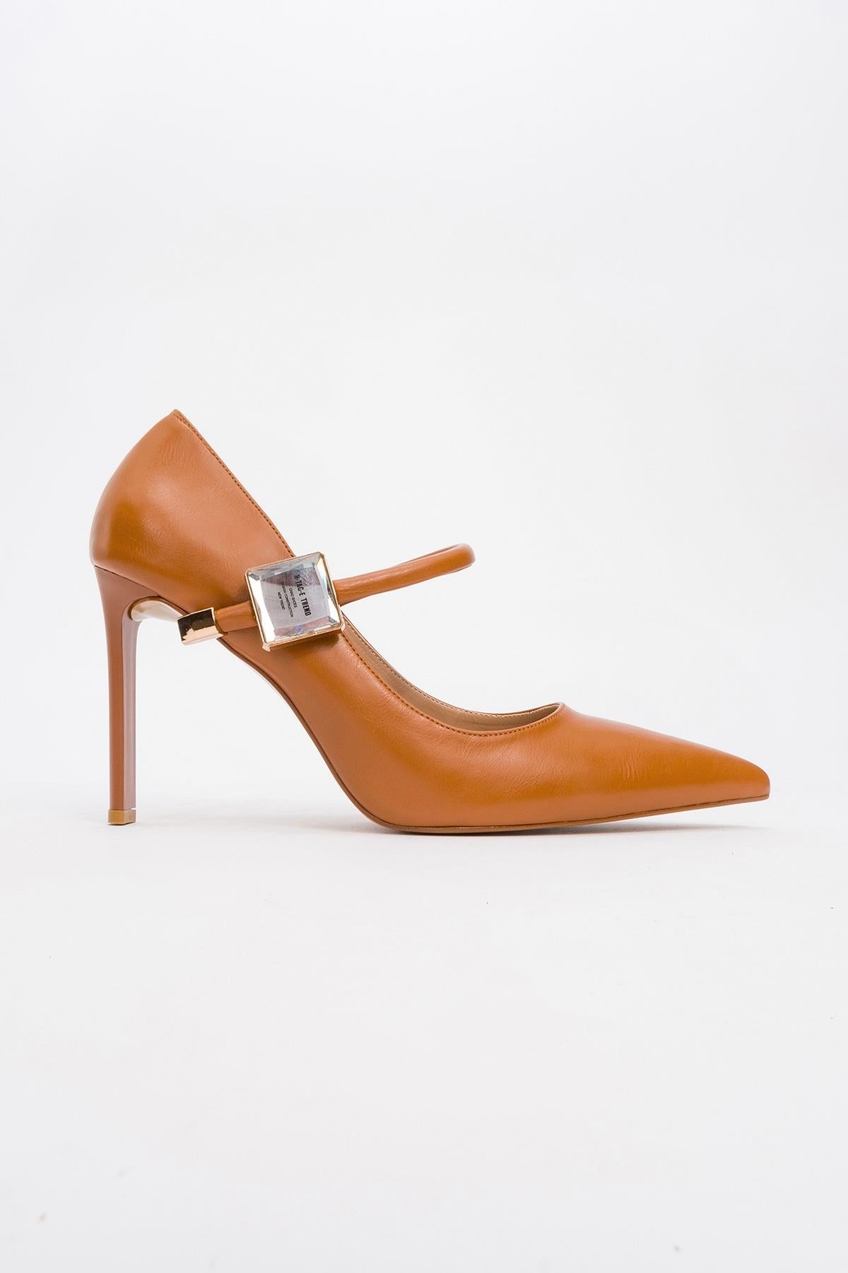 Pattaya - Zapato de tacón de aguja adornado con piedras, color coñac (Mujer)
