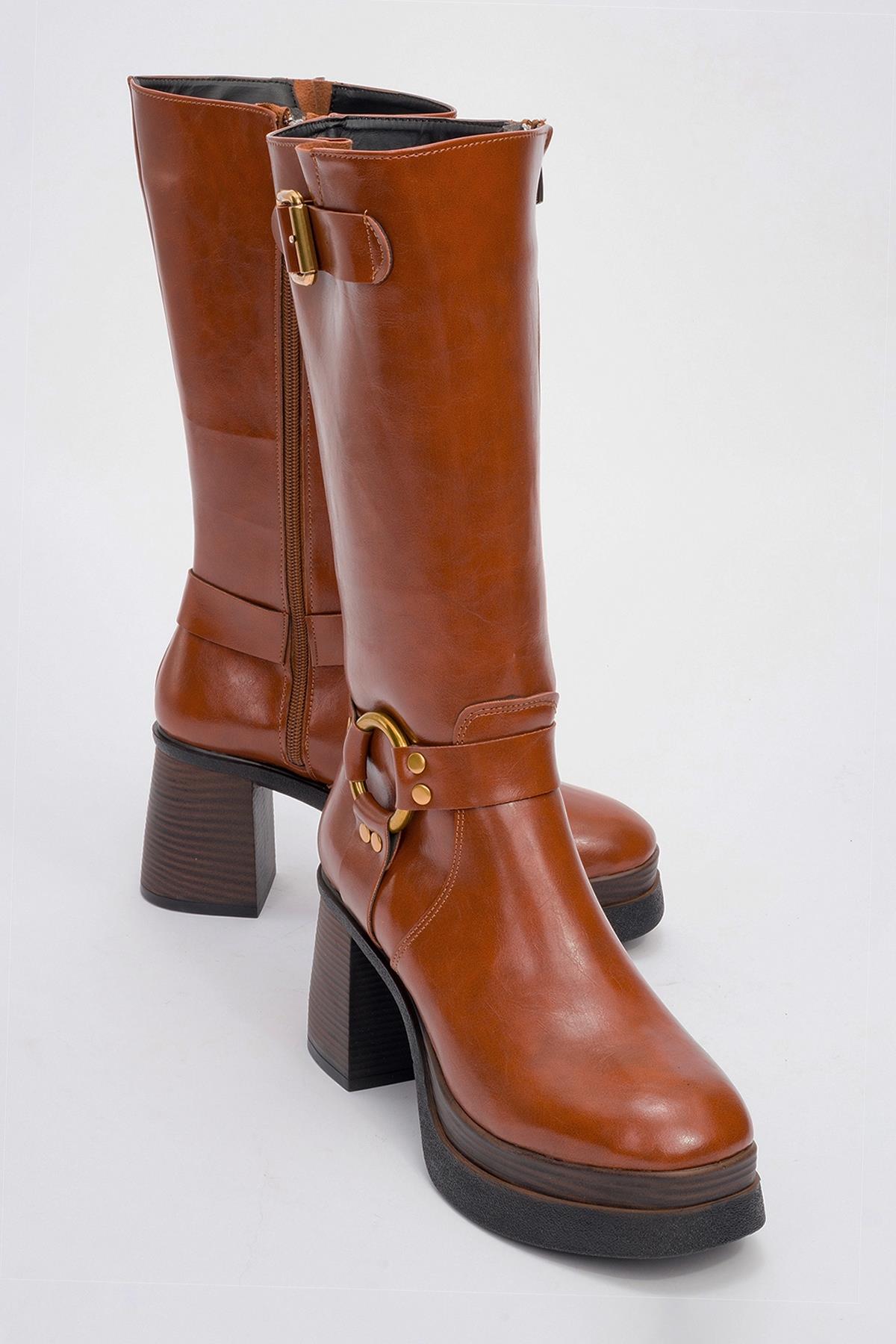 Rock - Bota con tacón de bloque, cremallera y hebilla de coñac (Mujer)