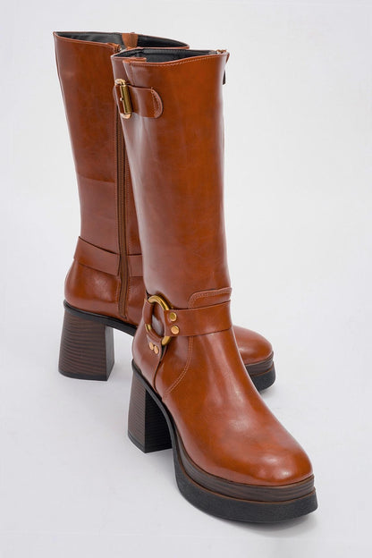 Rock - Bota con tacón de bloque, cremallera y hebilla de coñac (Mujer)