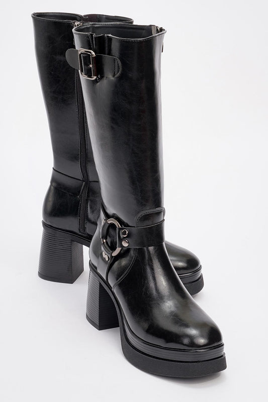 Rock - Black Buckle Zip Block Heel Boot (Women)