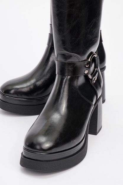 Rock - Bota de tacón en bloque con cremallera y hebilla negra (Mujer)