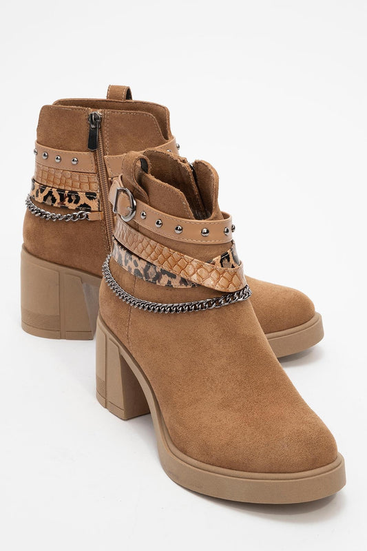 Boliva - Cognac Buckled Chain Block Heel Boot (Women)