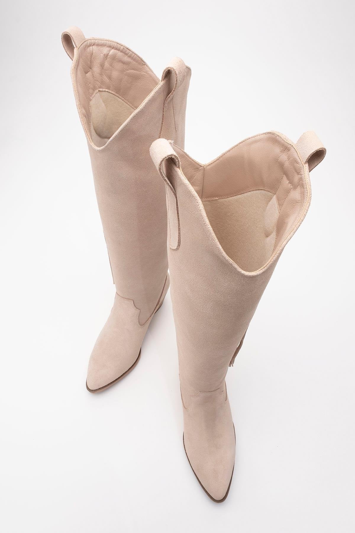 Rios - Bota alta de ante beige con flecos (Mujer)