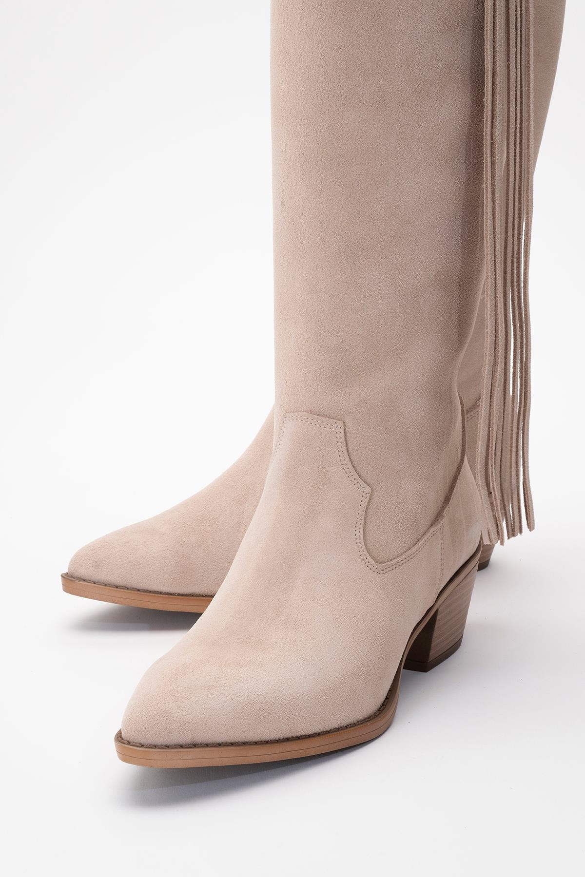 Rios - Bota alta de ante beige con flecos (Mujer)