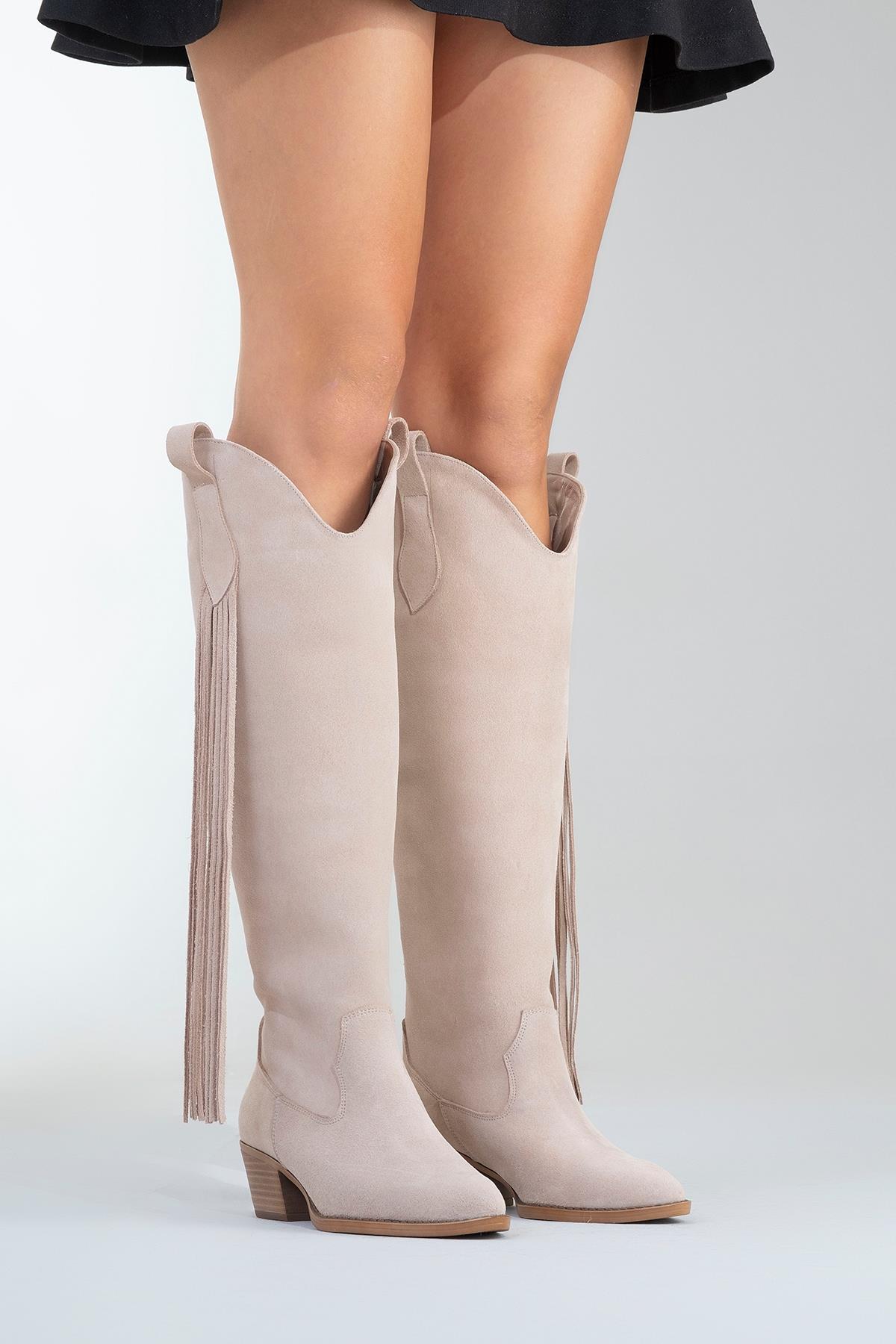 Rios - Bota alta de ante beige con flecos (Mujer)