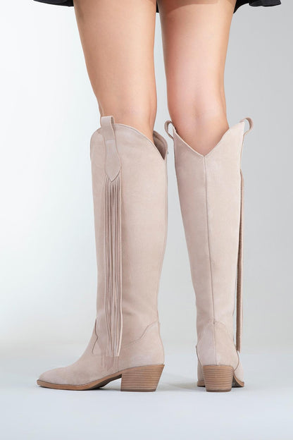 Rios - Bota alta de ante beige con flecos (Mujer)