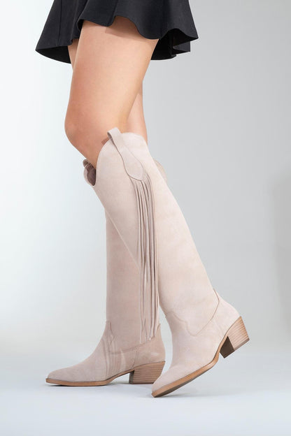 Rios - Bota alta de ante beige con flecos (Mujer)
