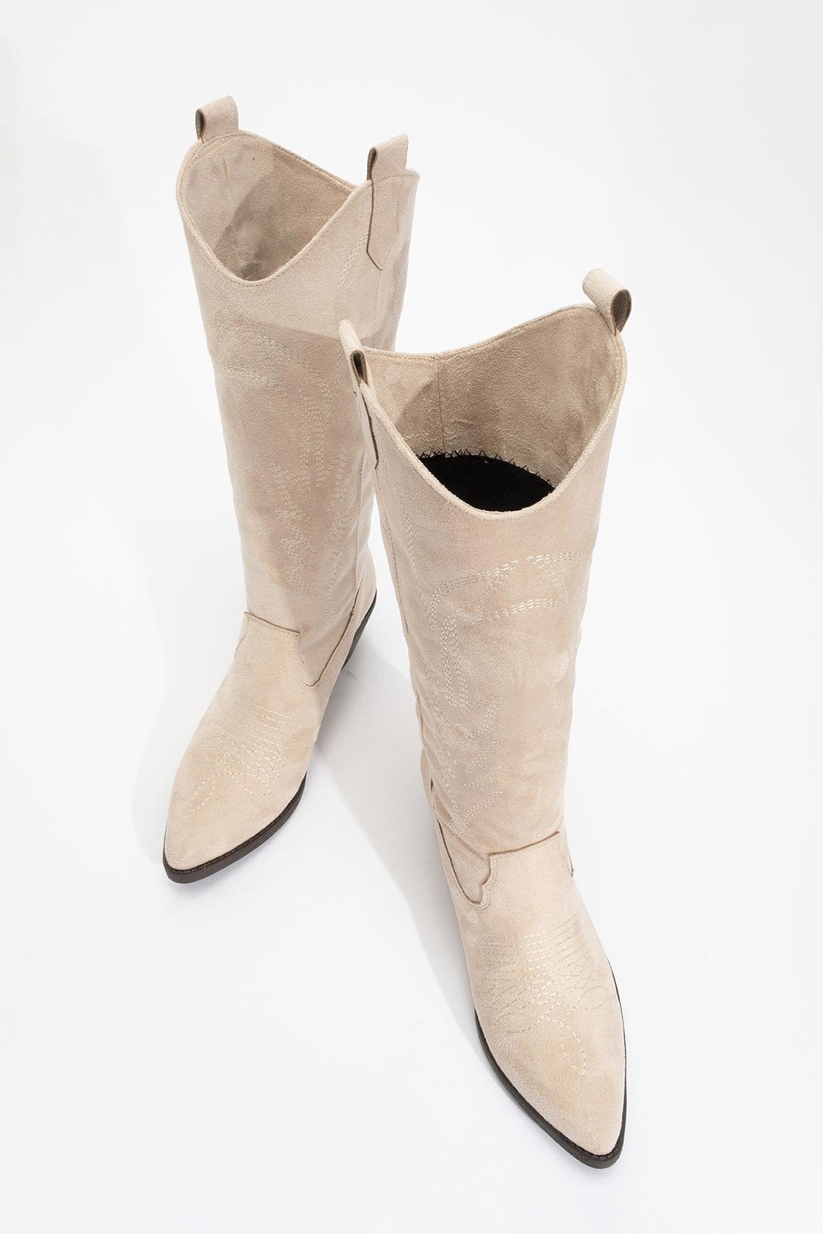 Liana - Botín Western de Tacón Bloque en Gamuza Beige (Mujer)