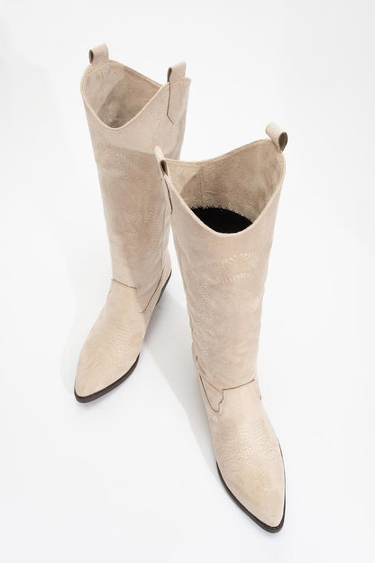 Liana - Botín Western de Tacón Bloque en Gamuza Beige (Mujer)
