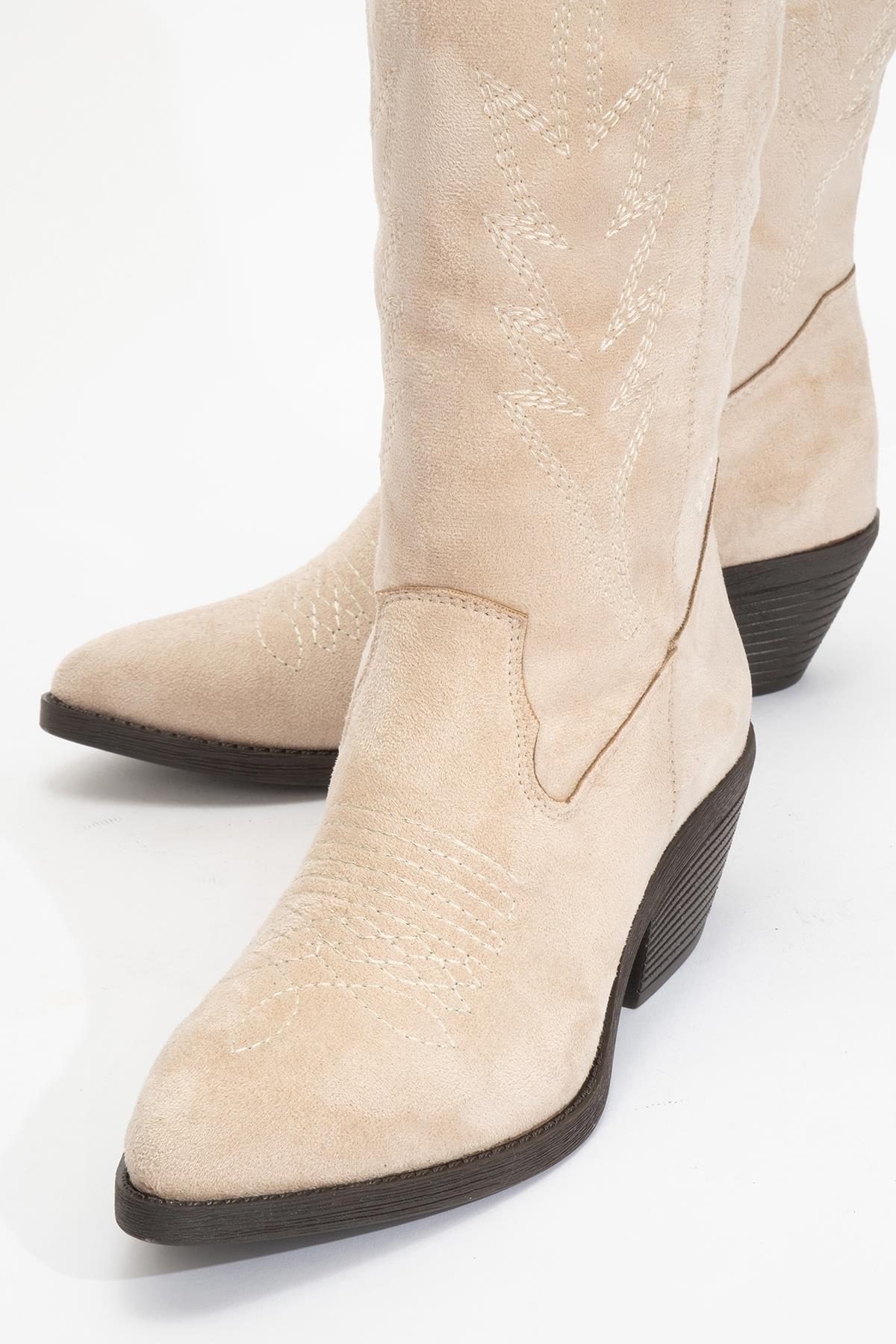 Liana - Botín Western de Tacón Bloque en Gamuza Beige (Mujer)