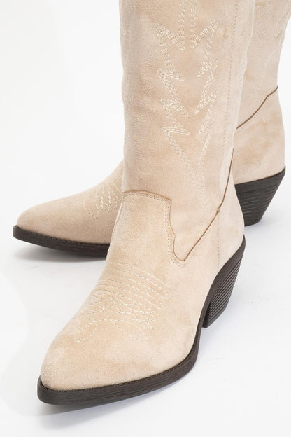 Liana - Botín Western de Tacón Bloque en Gamuza Beige (Mujer)