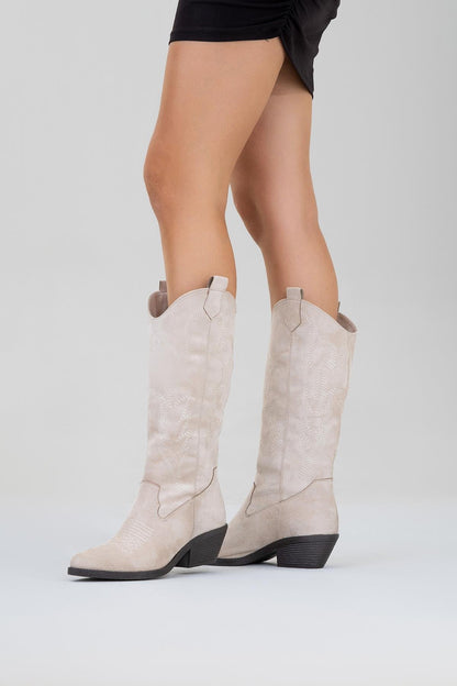 Liana - Botín Western de Tacón Bloque en Gamuza Beige (Mujer)