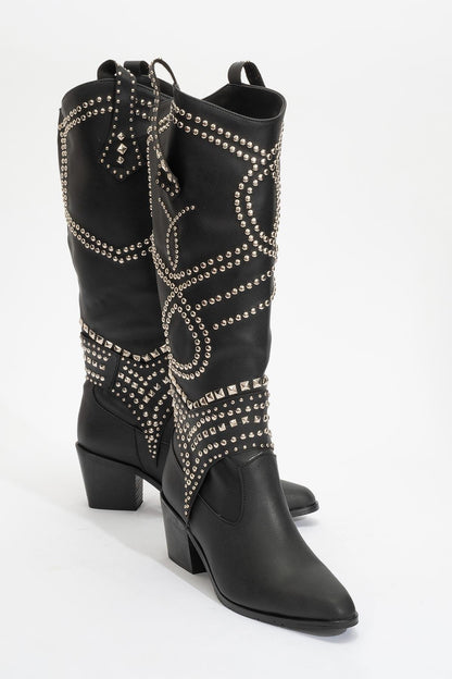 Draga - Bota alta de tacón grueso con remaches negros (Mujer)