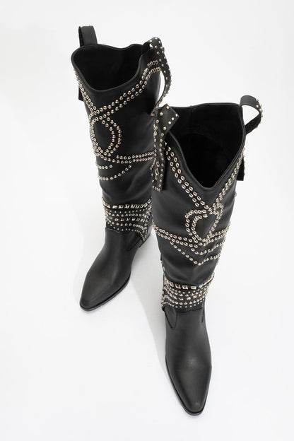 Draga - Bota alta de tacón grueso con remaches negros (Mujer)