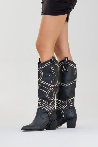 Draga - Bota alta de tacón grueso con remaches negros (Mujer)
