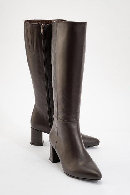 Sejas - Brown Leather Block Heel Knee-High Boot (Women)