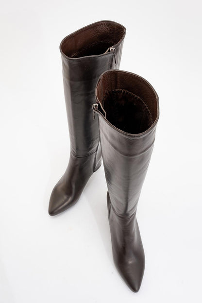 Sejas - Brown Leather Block Heel Knee-High Boot (Women)