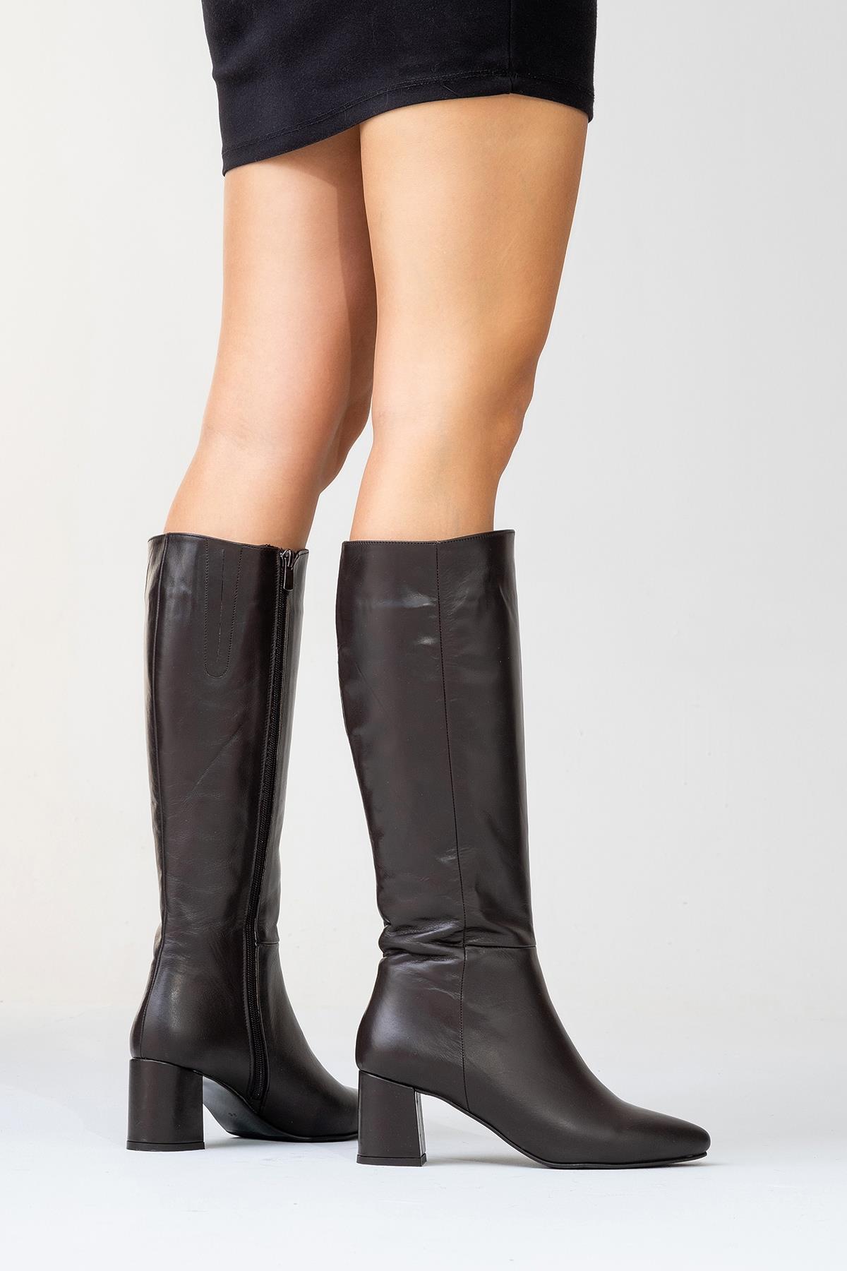 Sejas - Brown Leather Block Heel Knee-High Boot (Women)