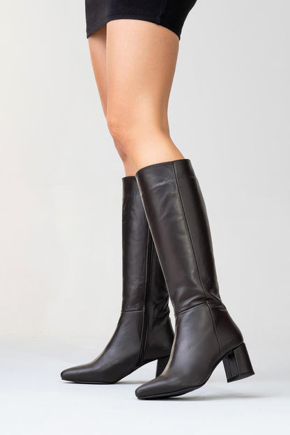 Sejas - Brown Leather Block Heel Knee-High Boot (Women)