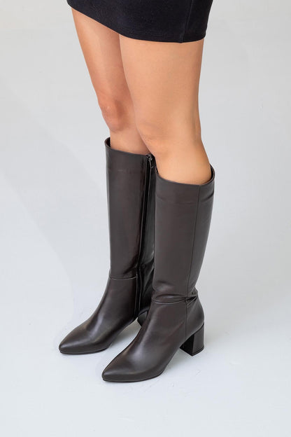 Sejas - Brown Leather Block Heel Knee-High Boot (Women)