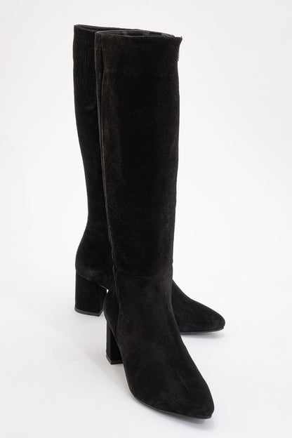 Sejas - Bota alta de tacón de bloque de cuero de gamuza negra (Mujer)