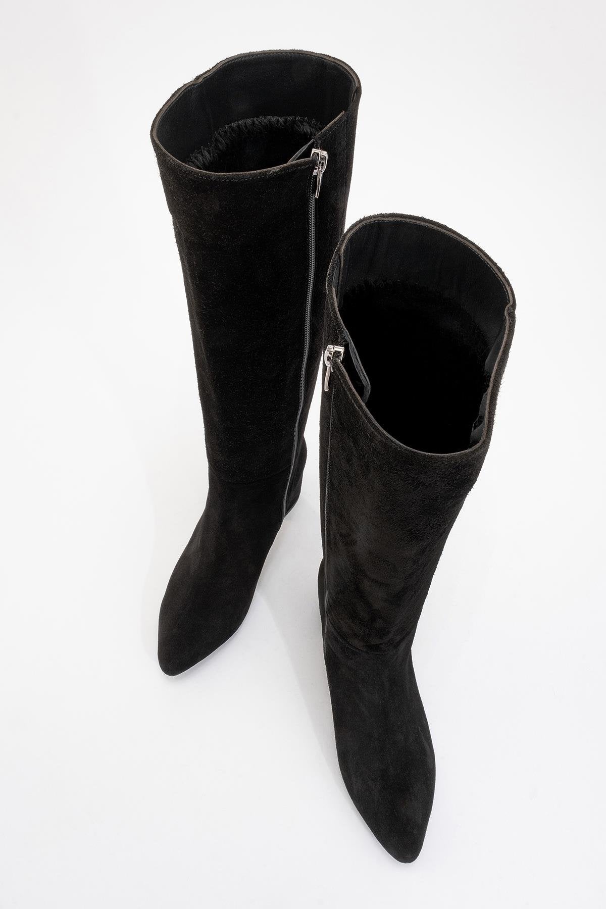 Sejas - Bota alta de tacón de bloque de cuero de gamuza negra (Mujer)