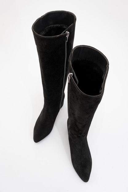 Sejas - Bota alta de tacón de bloque de cuero de gamuza negra (Mujer)