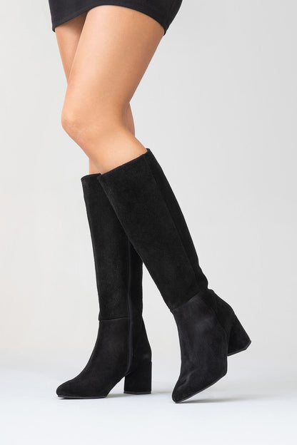 Sejas - Bota alta de tacón de bloque de cuero de gamuza negra (Mujer)