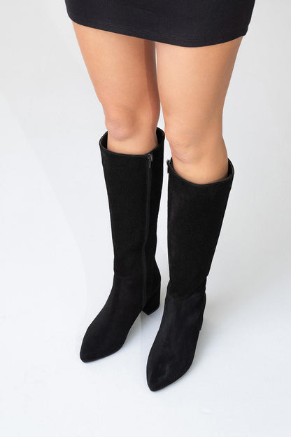 Sejas - Bota alta de tacón de bloque de cuero de gamuza negra (Mujer)