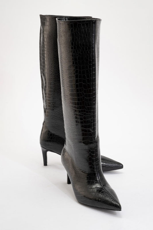Bota alta Camila negra estampada (Mujer)