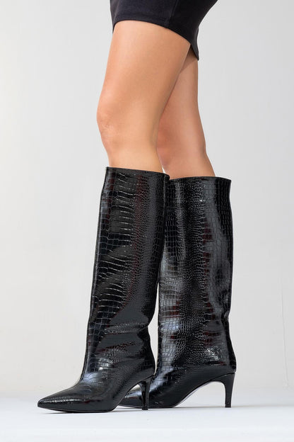 Bota alta Camila negra estampada (Mujer)
