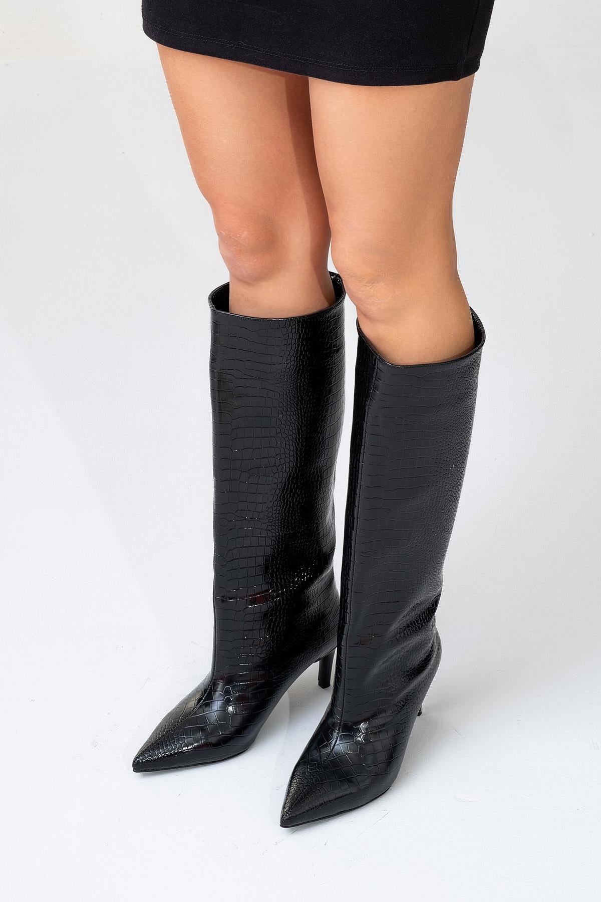 Bota alta Camila negra estampada (Mujer)
