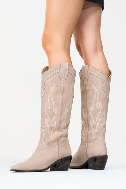 Pietro - Bota vaquera alta de ante beige para mujer