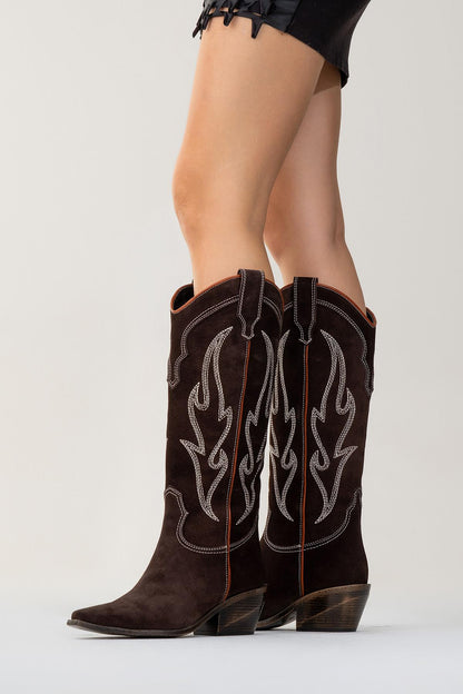 Pietro - Bota alta estilo western de ante marrón oscuro (Mujer)