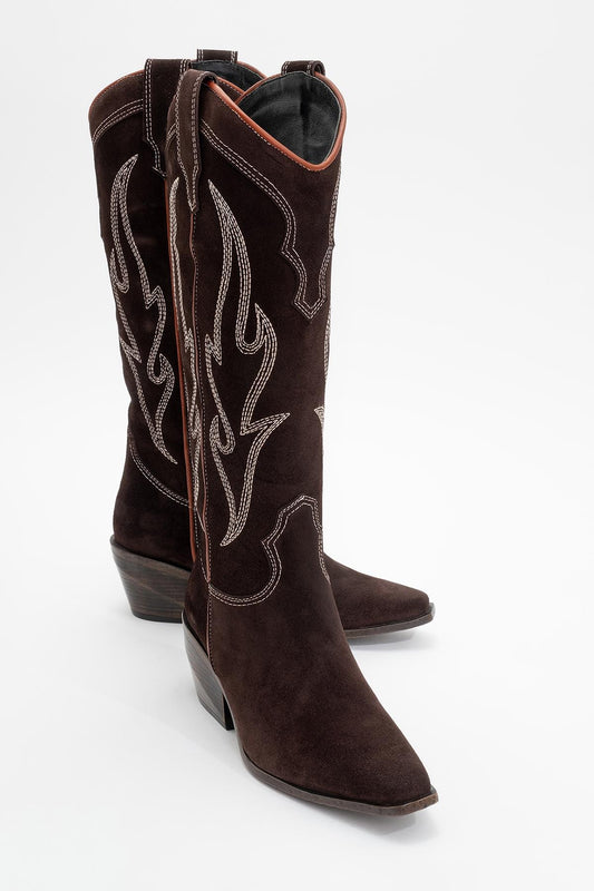Pietro - Bota alta estilo western de ante marrón oscuro (Mujer)