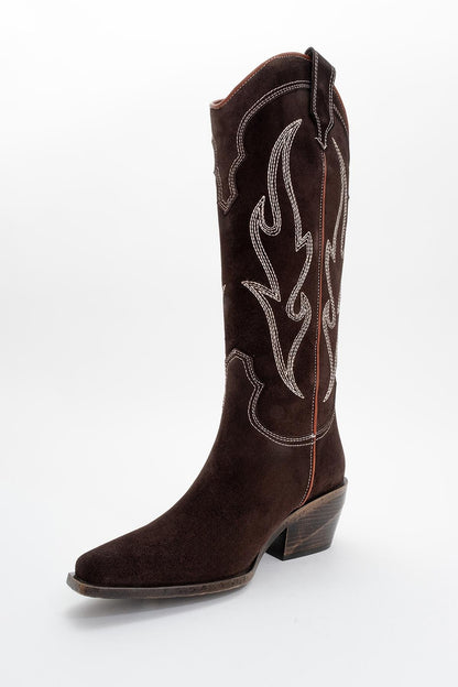 Pietro - Bota alta estilo western de ante marrón oscuro (Mujer)